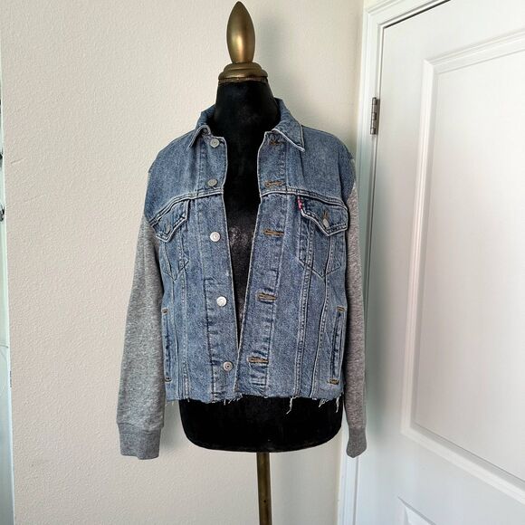 Levi's Women's Hybrid Trucker Jean Jacket Denim with Grey Hoodie Sleeves Size M - Picture 1 of 6